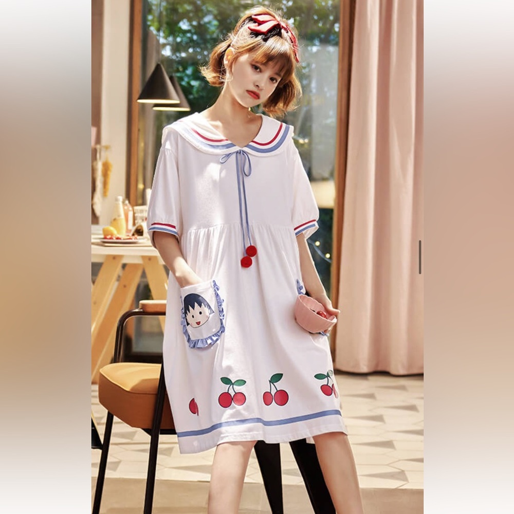 GUKOO Chibi Maruko Chan Sailor Cotton Kawaii Lounge Dress Small Cherry Anime A8